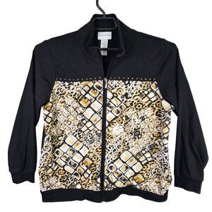 Womens Alfred Dunner Black Brown Animal Print Jacket Full Zip Cotton Blend 14